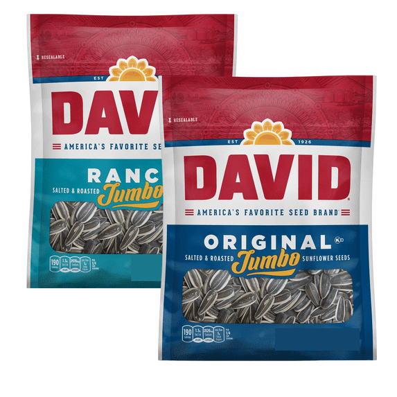 David Seeds Roasted Salted Original and Ranch Jumbo Sunflower Seeds, Gluten Free& Keto Friendly Seeds Snacks Great for On-the-Go Snacking Movie Nights Camping Halloween Trick or Treats 3.75oz- 2PK