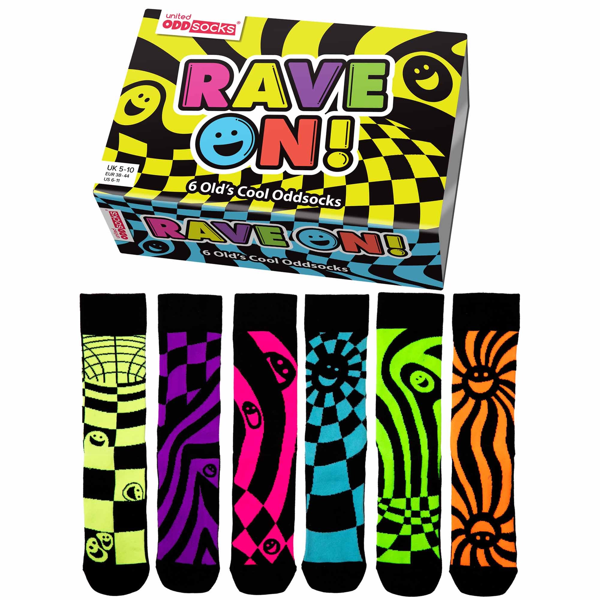United Oddsocks Unisex Socks, 6 Socks Pack - Stockings, Motto Rave On 38-44 (Uk 6-11)