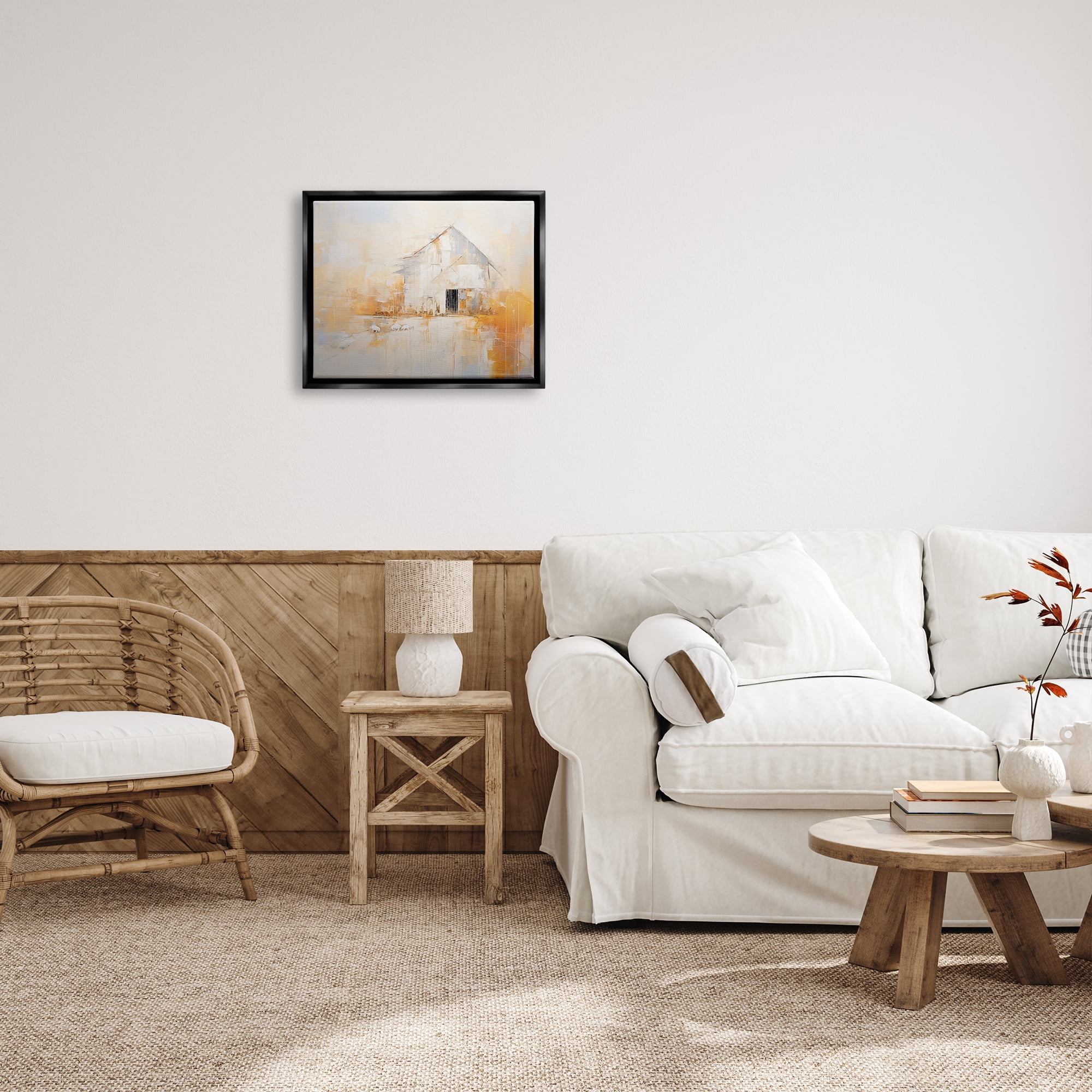 Stupell Industries White Abstract Barn Painting Abstract Painting Black Floater Framed Canvas Art Print Wall Art, 21 x 17