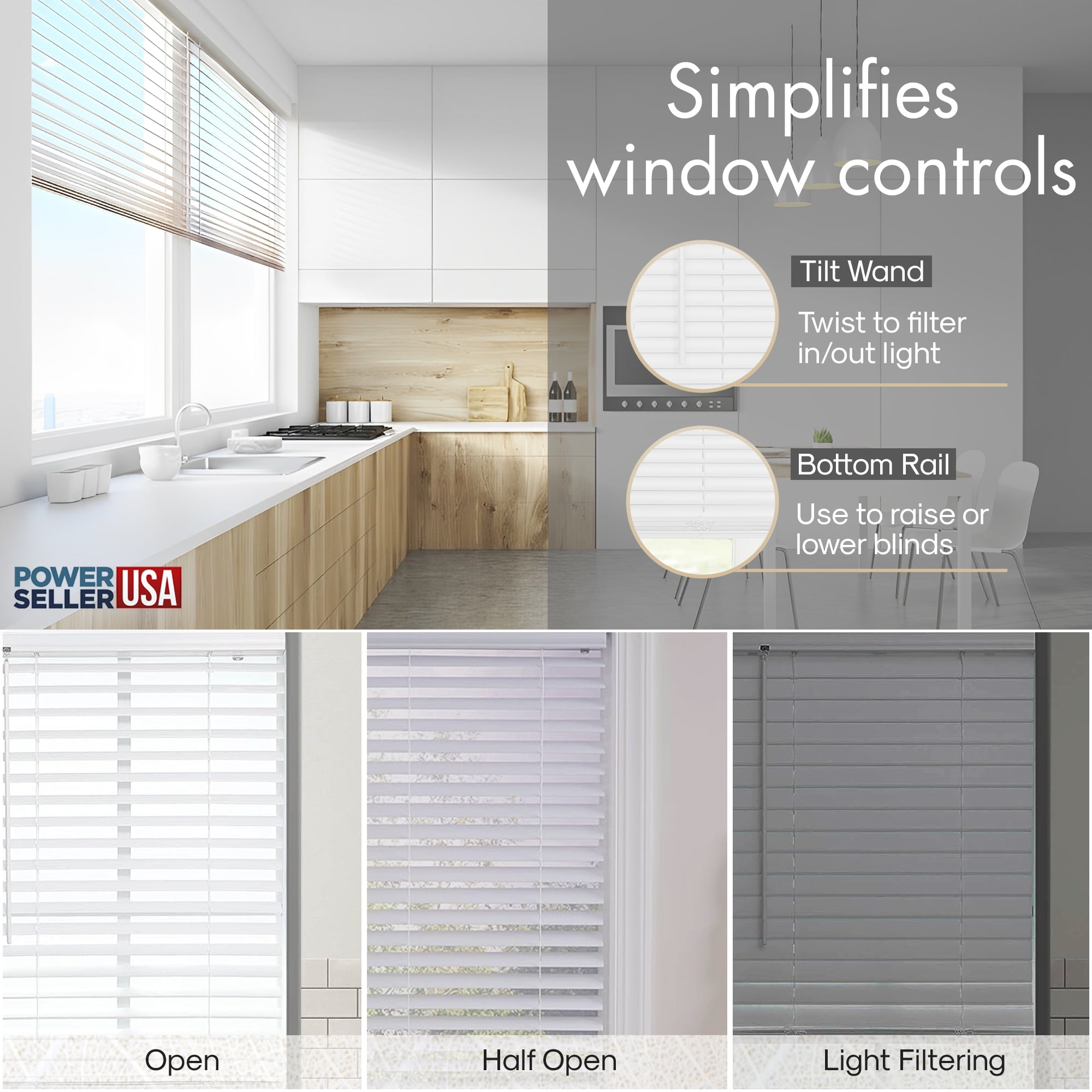 PowerSellerUSA 1" Slats Cordless Window Blinds, 64L x 42W Inches Solid Pattern Light Filtering Vinyl Indoor-Outside Ceiling Mount Mini Blind, Manual Cordless Rollup Window Privacy Blinds, White