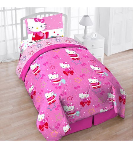 Hello Kitty Pink Bows Stars Twin Comforter Sheets Bonus Tote Bag 5 Piece Bed In Bag Walmart Com Walmart Com