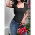 thumbnail image 4 of Women'S 2 Piece Bodysuits Ribbed Square Neck Short Sleeve Bodysuits Black S, 4 of 7