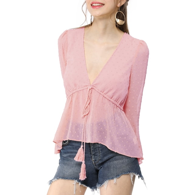 INSPIRE CHIC Women's Deep V Neck Drawstring Swiss Long Sleeves Blouse Tops M Pink