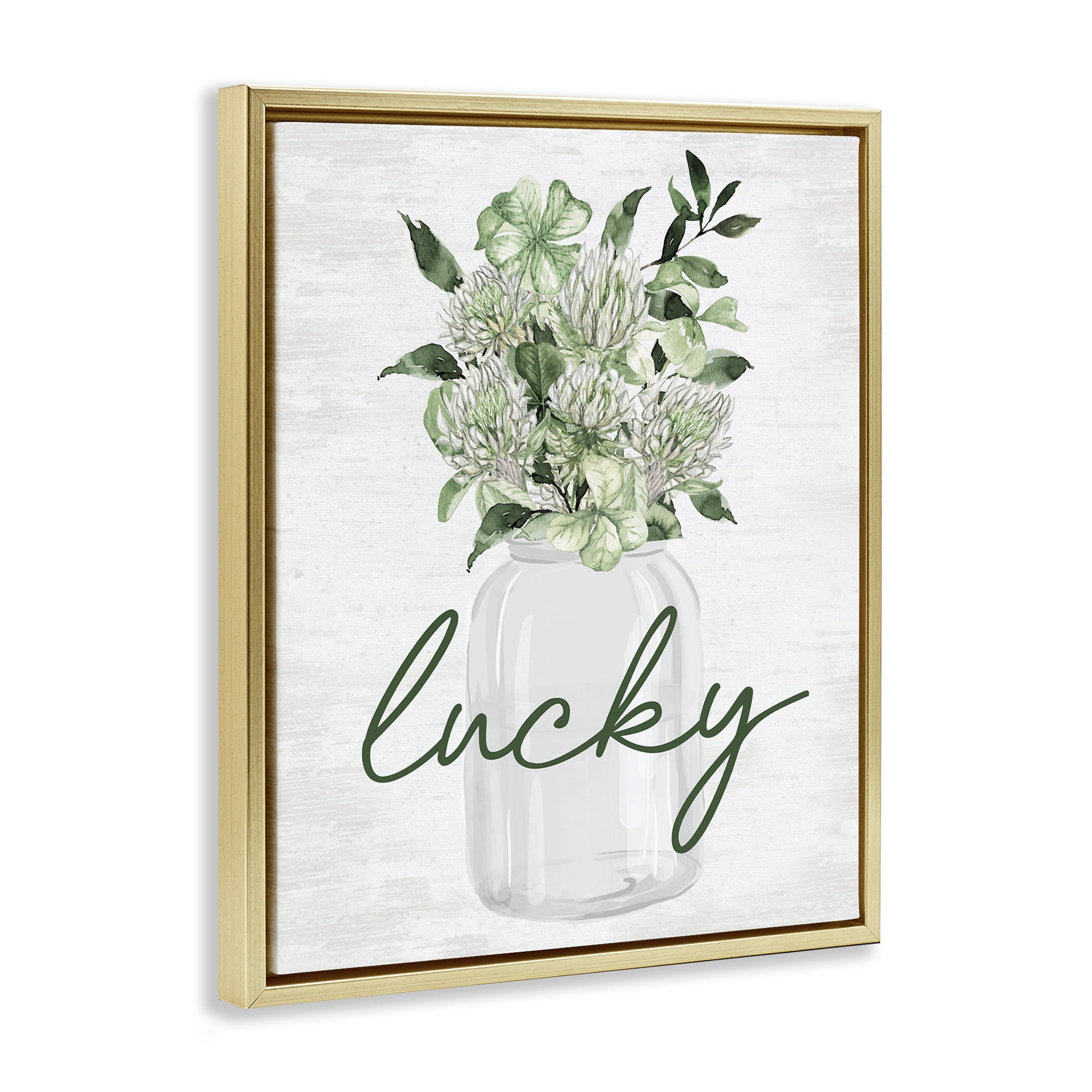 Stupell Industries Lucky Spring Shamrocks Botanical & Floral Painting Gold Floater Framed Canvas Art Print Wall Art, 25 x 31