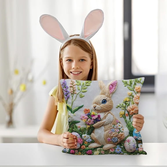 Tuvgenk Easter Pillow Cover 18x18 Inch Bunny Egg Print Embroidery Style Decorative Throw Pillow Case with Zipper for Couch
