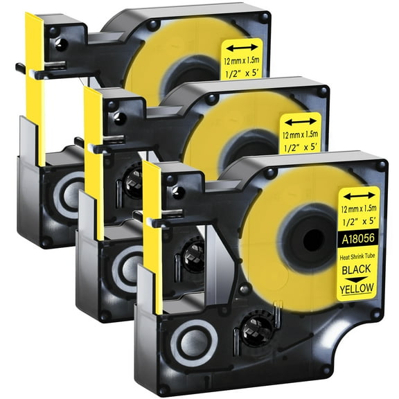 GREENCYCLE 3PK Industrial Rhino Heat Shrink Tubes Compatible for DYMO 18056 12mm 1/2" Black on Yellow Cable Label Tape