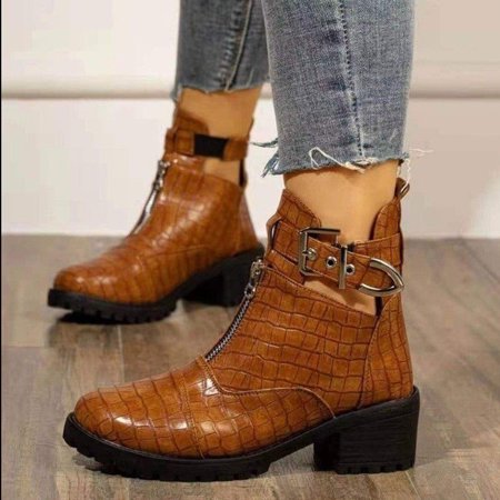 

Women s Winter Zipper Buckle Thick Heel Solid Color Round Toe Leather Boots