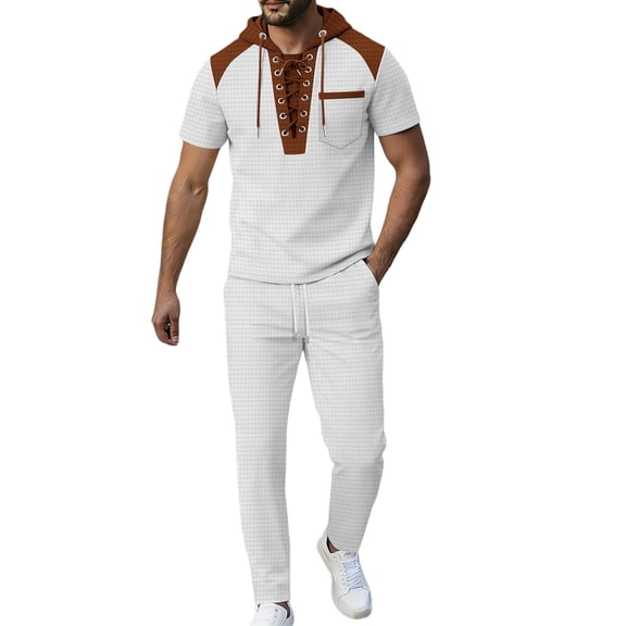 BLTIBY Mens Summer 2 Piece Outfits Waffle Short Sleeve Lace-up Hooded Shirts and Drawstring Pants Casual Loose Beach Loungewear with Pockets White S