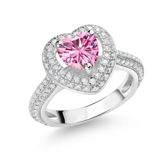 Gem Stone King 1.69 Cttw Pink and White Moissanite Heart Shape Engagement Ring for Women | 925 Sterling Silver | Heart Shape 6.5MM (Size 9)