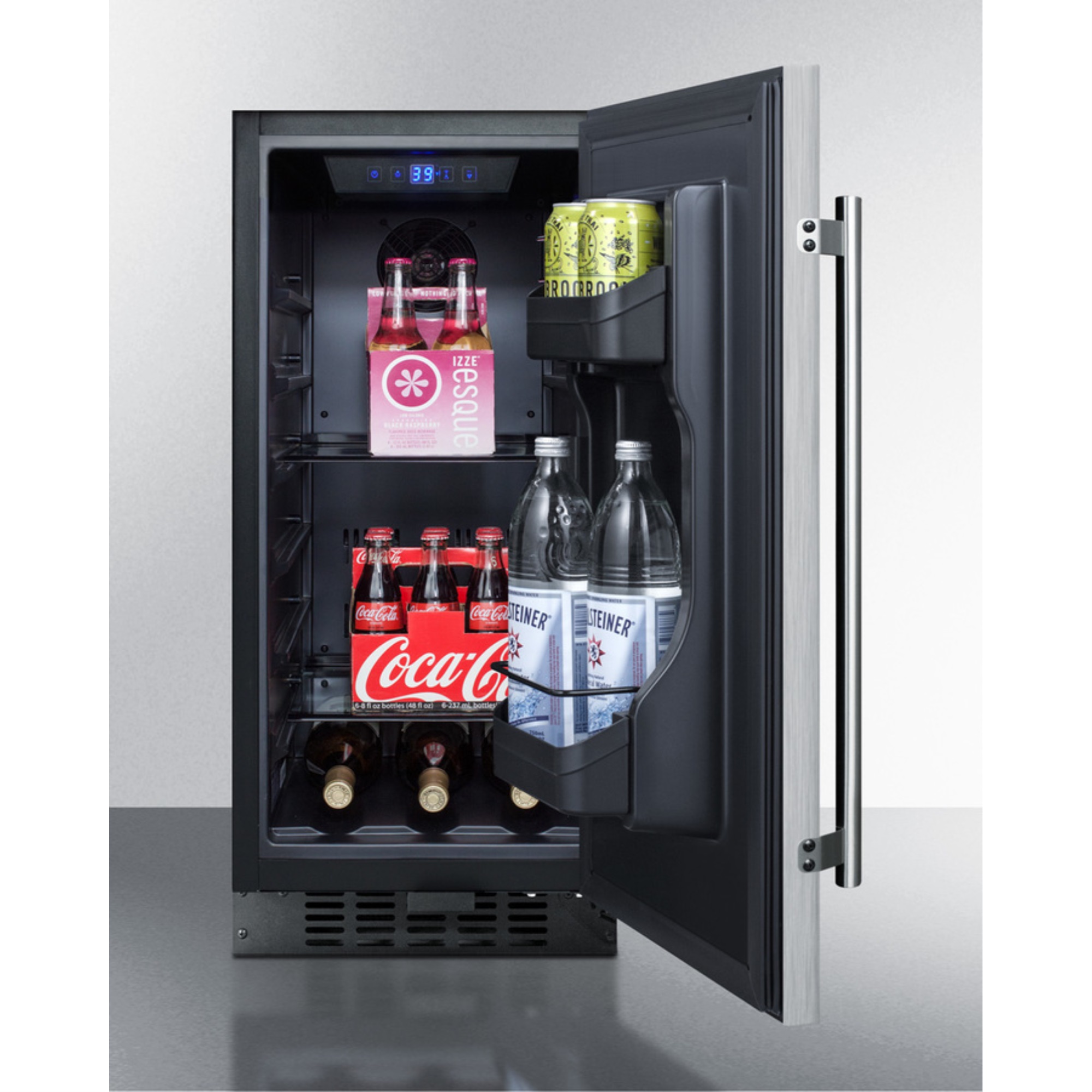 15 Inches wide ADA compliant all-refrigerator for built-in or freestanding use, with digital controls, LED light, lock, stainless steel door, and black cabinet