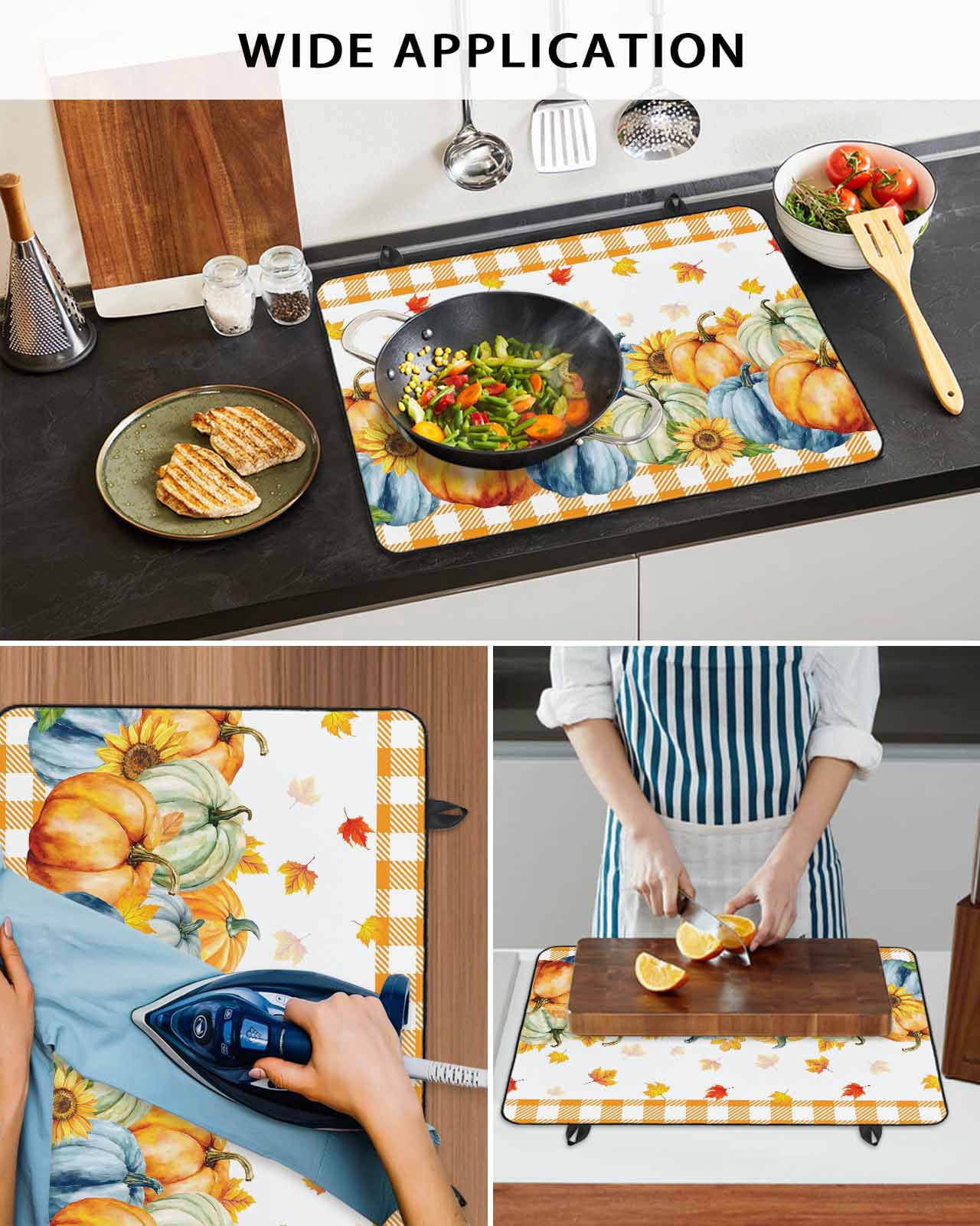 Large Induction Cooktop Protector Mat Thanksgiving Stove Top Covers for Electric Stove, Fall Orange Blue Pumpkin Maple Leaves Plaid Decorative Stove Burner Cover Mats, Glass Top Stove Cover