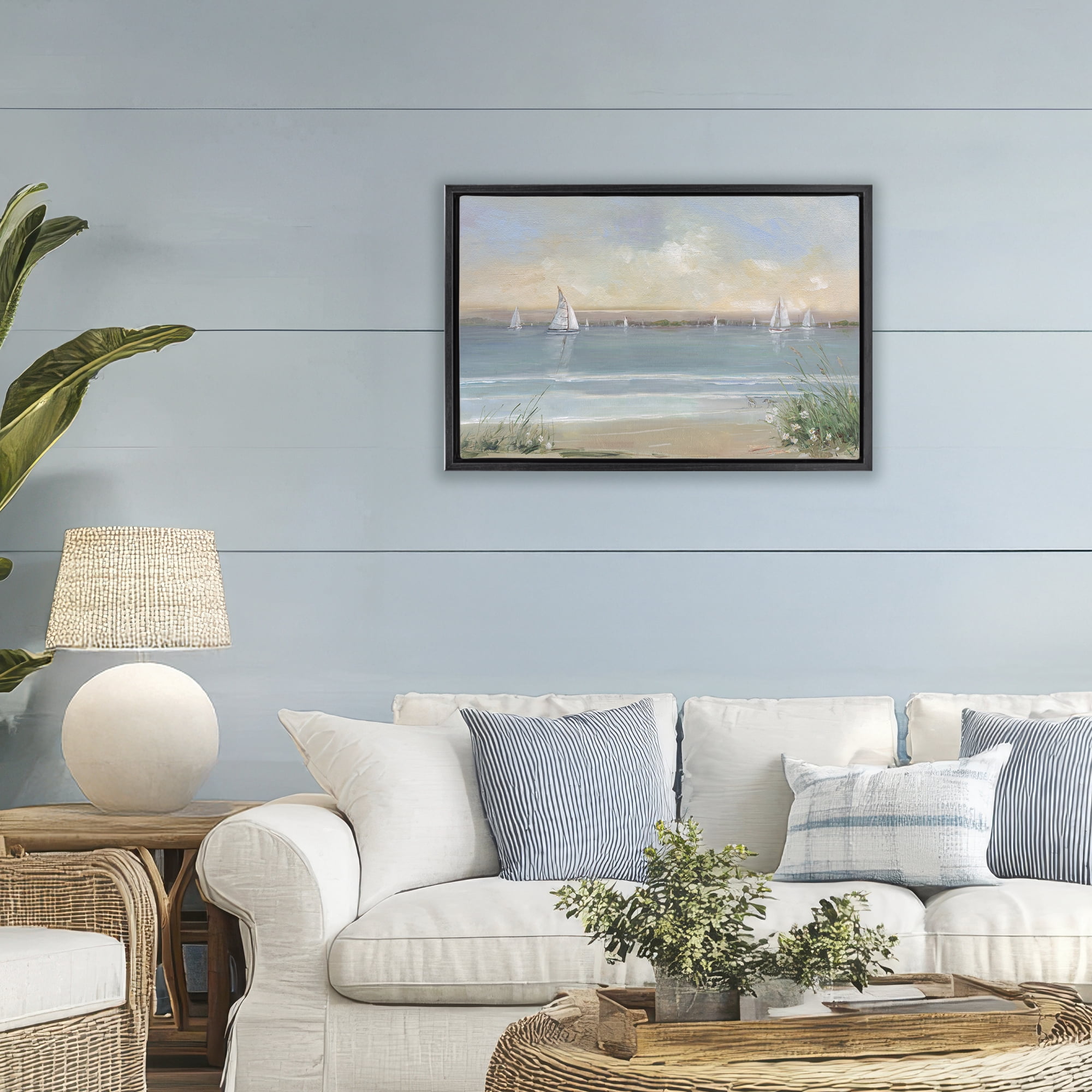 Stupell Industries Coastal Sailing At Dawn Black Framed Floater Canvas Wall Art, design by Sally Swatland