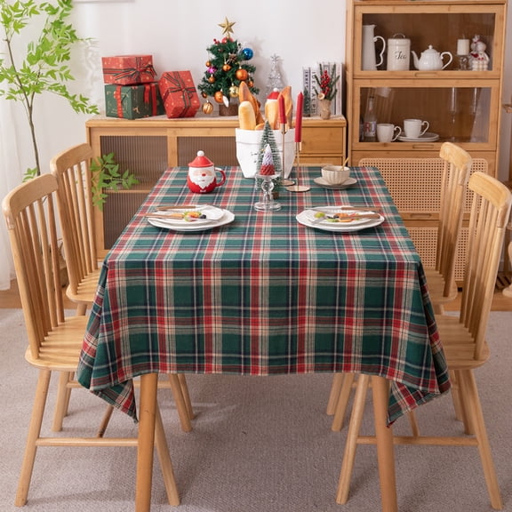 Christmas Red Plaid Tablecloth - Woven Polycotton with Gold Thread & Tassels, Decorative Table Cover for Dining Table & Coffee Table