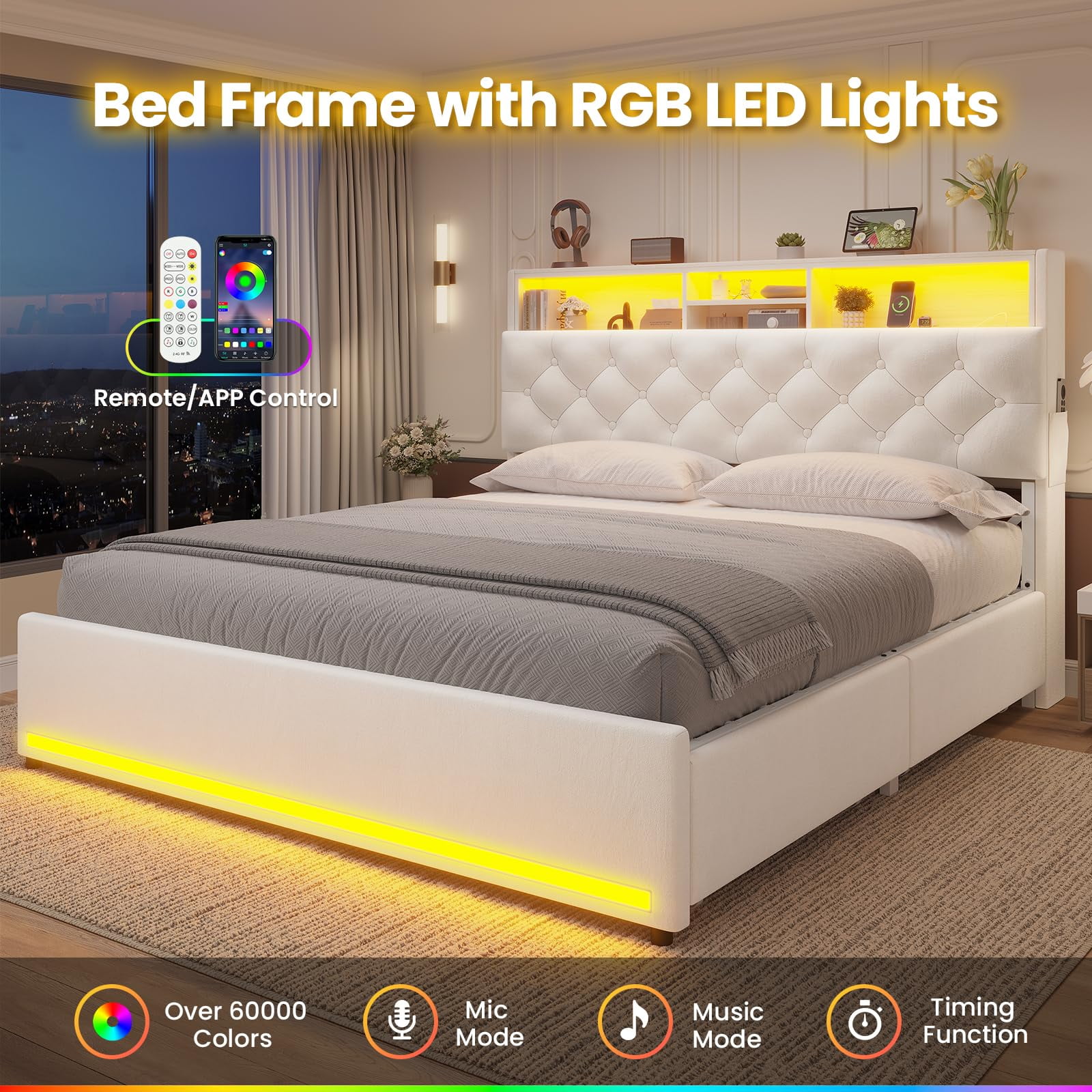 Afuhokles Full Bed Frame with Bookcase Headboard,LED Bed Frame with 4 Storage Drawers,Power Outlet, Modern Velvet Upholstered Platform Bed with 5 Shelf, No Box Spring Needed, Creamy White