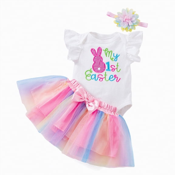 Kaprioy My First Easter Baby Girl Outfit Girls Clothes Short Sleeve Bunny Romper Tulle Tutu Skirt 1st Easter Day Outfit Clothes Clothing Sets
