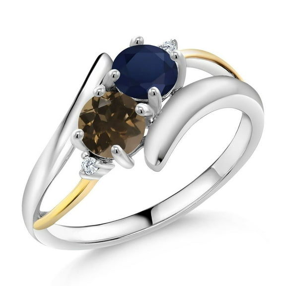 Gem Stone King 1.12 Ct Round Blue Sapphire Brown Smoky Quartz 925 Silver and 10K Yellow Gold Ring (Size 8)