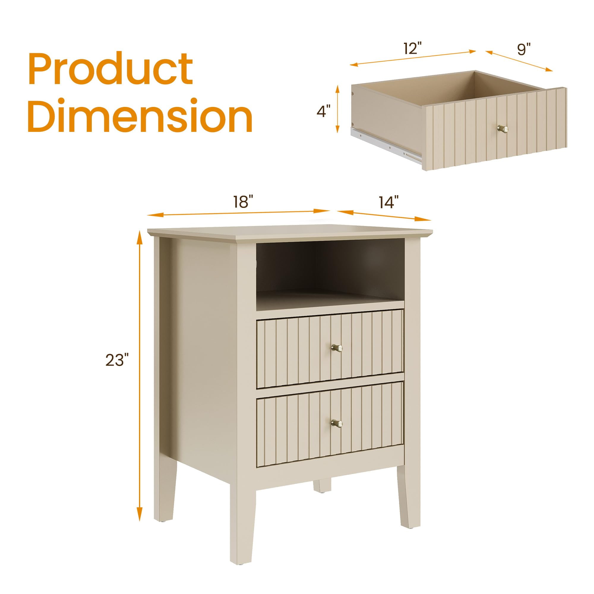 Heynemo Beige Fluted Nightstand with 2 Drawers Set of 2, Modern Wooden Sofa Table for Small Spaces, Tall End Table for Bedroom, Living Room