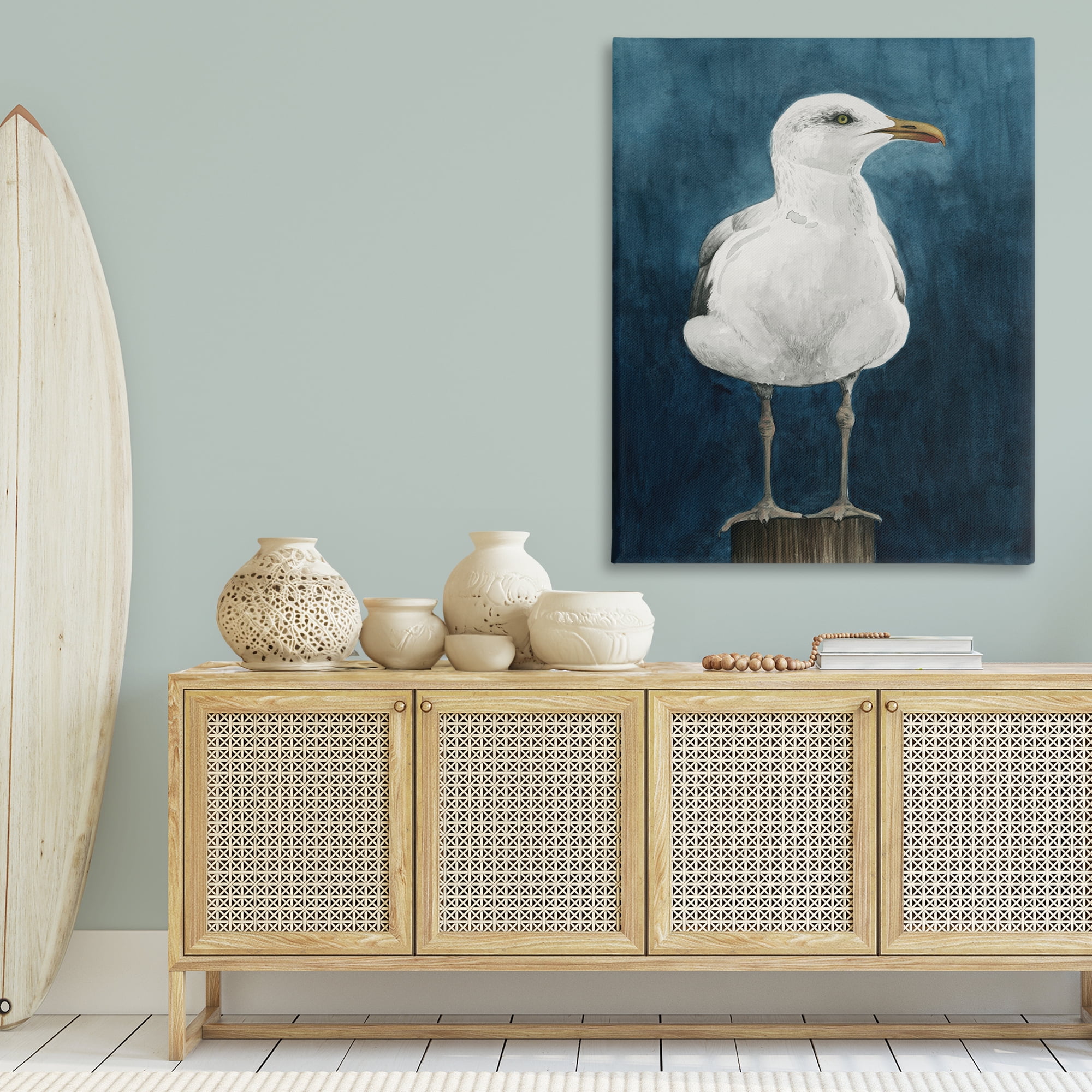 Stupell Industries Seagull Perched over Blue Animals Painting Wrapped Canvas Art Print Wall Art, 36 x 48