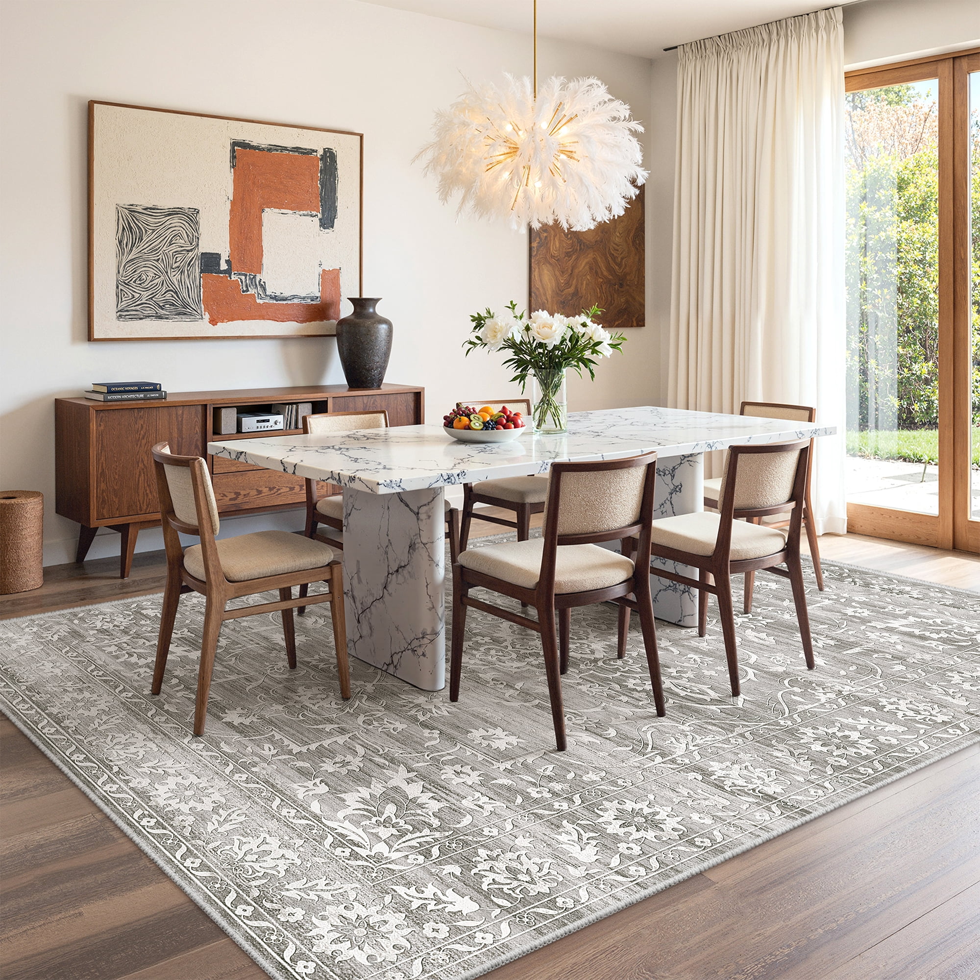 Roxstand 5x7 Area Rugs for Living Room, Stain Resistant Floral Vintage Washable Rugs, Non-Slip Thin Farmhouse Grey Rugs(5'x7', Grey)