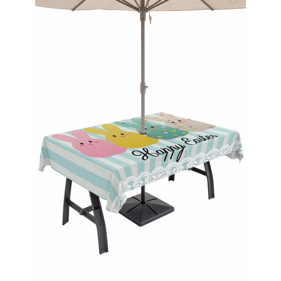 Easter Outdoor Tablecloth - 60x102 Inch Rectangle Dining Table Cover, Polka Dot Bunny Farmhouse Vintage Green Striped Waterproof Outdoor Table Cloth with Umbrella Hole & Zipper for Picnic/Patio/Party