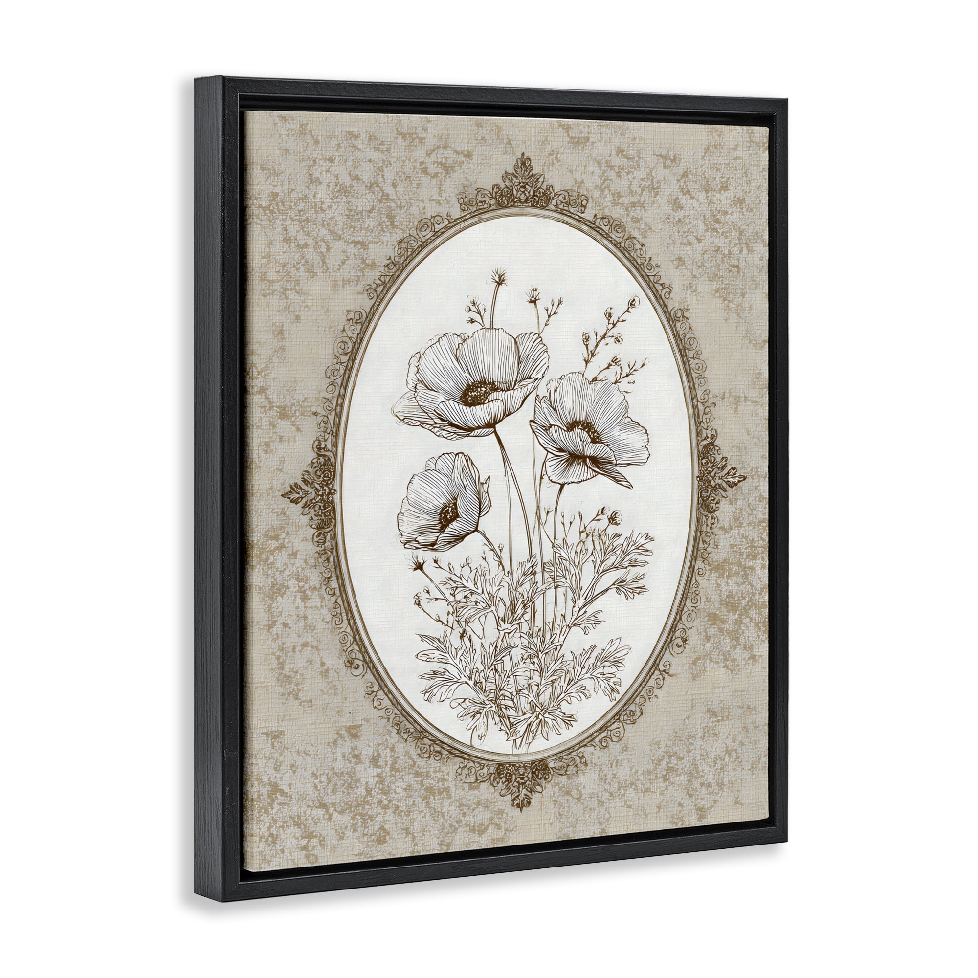 Stupell Industries Vintage Floral Sketch of Poppies Black Framed Floater Canvas Wall Art, design by Ink Drop Loft