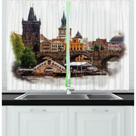 Scenery Curtains 2 Panels Set, European Country Landscape with Houses and River Watercolors Style Artistic Print, Window Drapes for Living Room Bedroom, 55W X 39L Inches, Multicolor, by