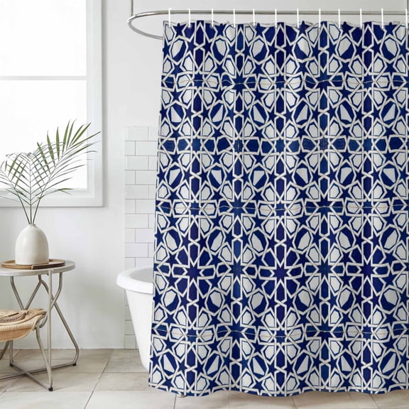 Navy Blue Geometric Long Shower Curtain Set, Waterproof Shower Curtains for Bathroom, Vintage Abstract Art Washable Fabric Cloth Bath Curtain for Bathtub Decoration with Hooks 72x84 Inches