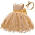 thumbnail image 4 of IBTOM CASTLE Lace Flower Girl Sequins Bow V-Back Tutu Dress for Kids Baby Christening Communion Birthday Party Wedding Dresses+Headwear 2-3 Years Gold 01, 4 of 8