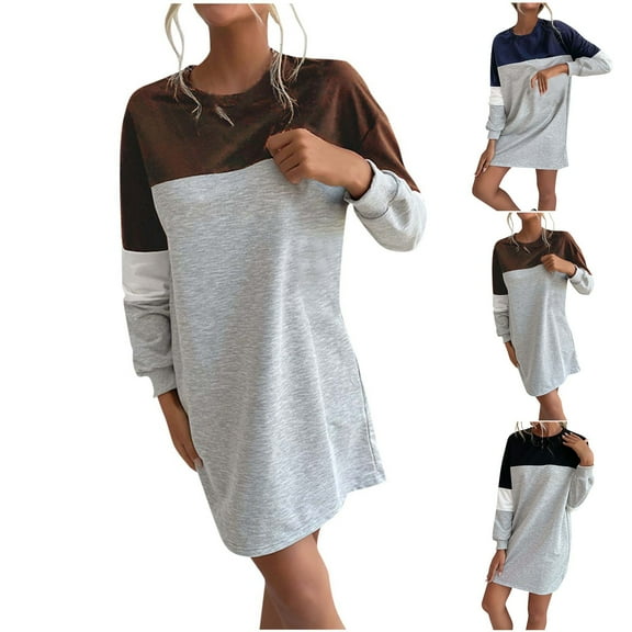 SMihono Fashion Sweatshirt Dress for Women Color Block Round Neck Loose Fit Dress Spring Fashion Casual Winter Long Sleeve Cozy Preppy Dresses Coffee 8