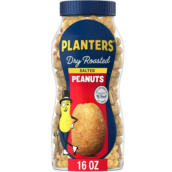 PLANTERS Salted Peanuts, Dry Roasted Peanuts, Party Snacks, Plant Based Protein, Snacks For Adults, 16oz (1 Jar)