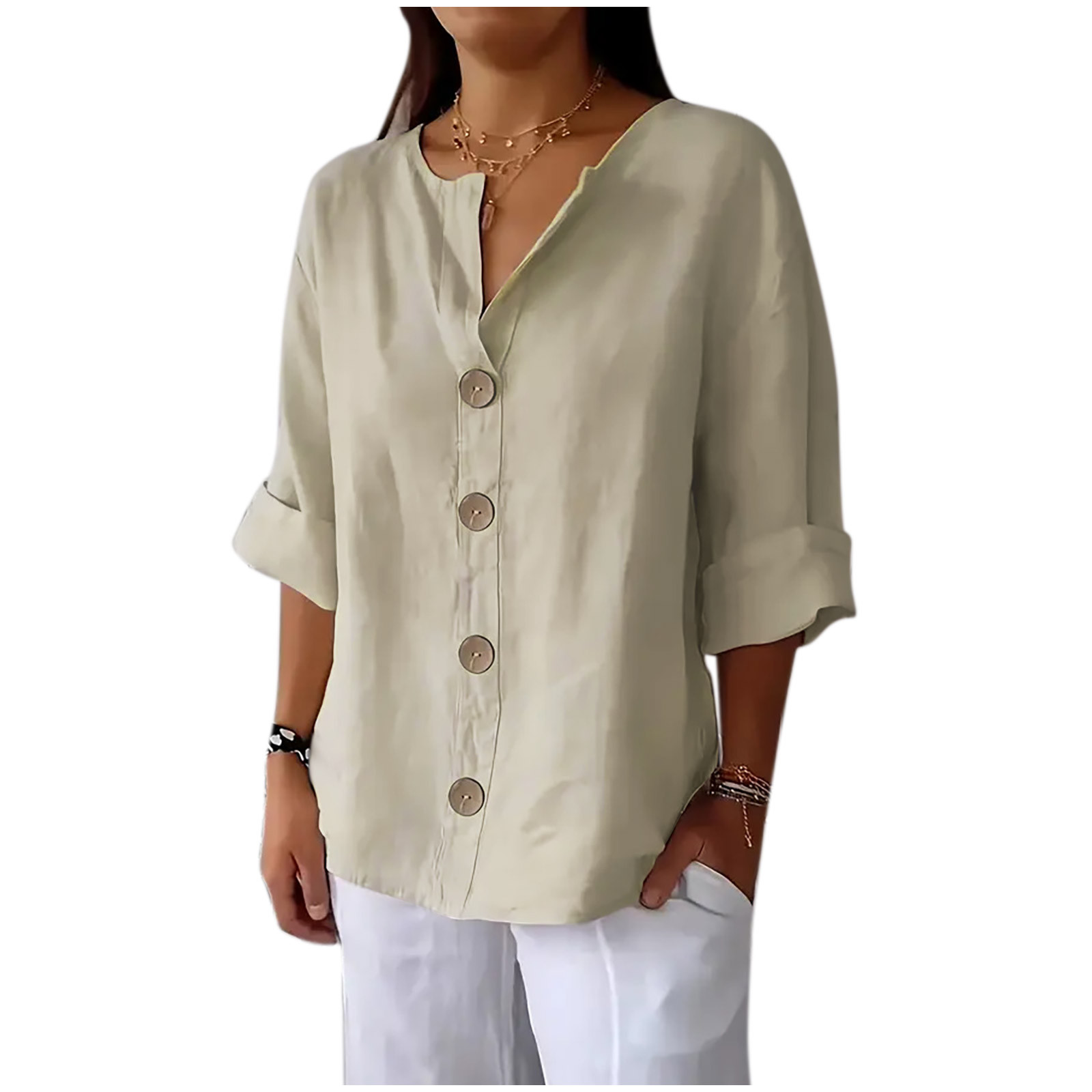 BLVB Cotton Linen Shirts for Women Boho Button down 3/4 Sleeve Blouses Summer Fall Tunic Tops Casual Loose Beach Vacation Outfits