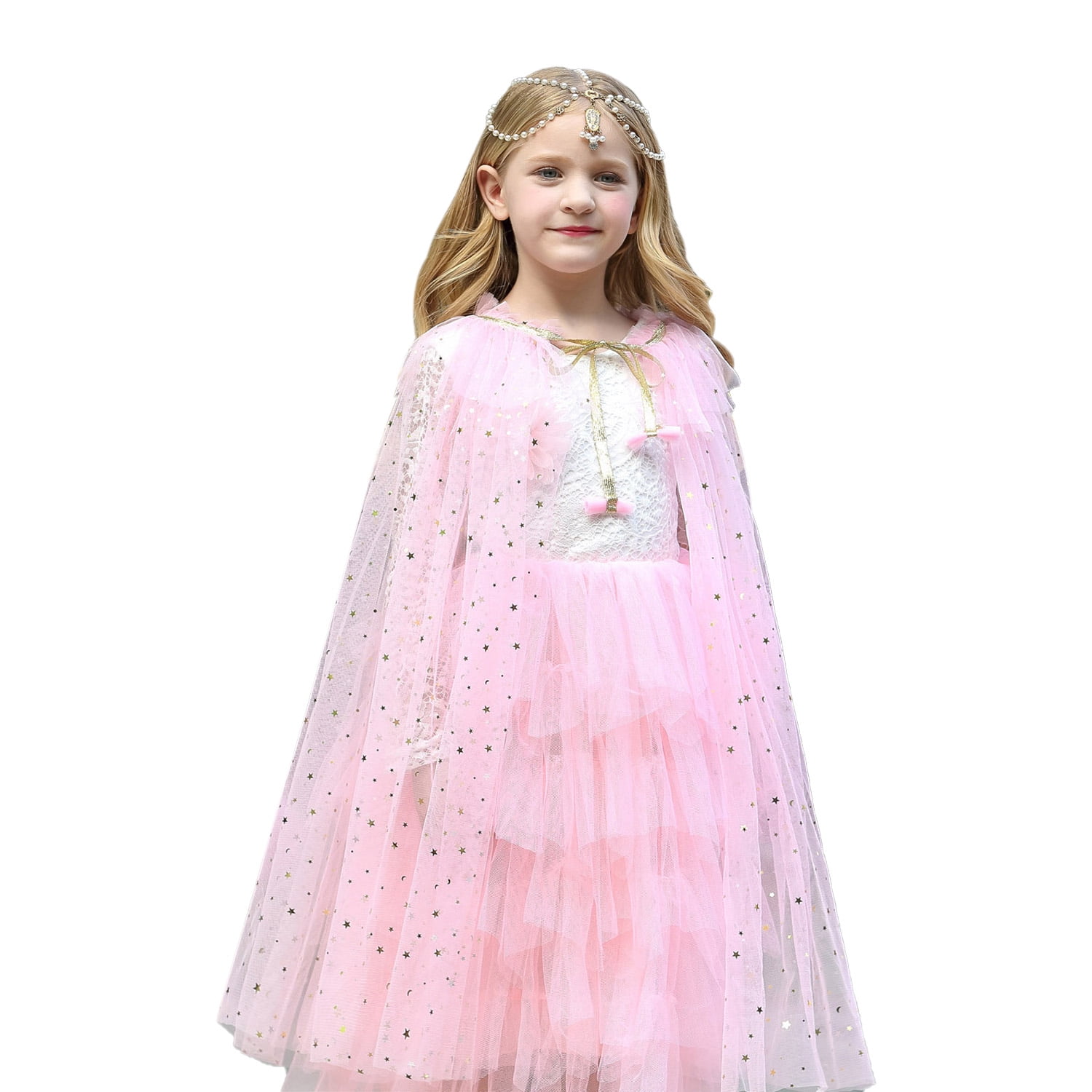 Girls Kids Children Princess Rainbow Pink Lace Veil Tulle Cape Shawl Costume