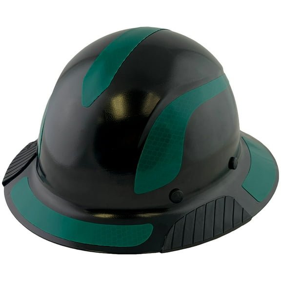 DAX Fiberglass Composite Hard Hat - Full Brim Black with Reflective Green Decal Kit Applied