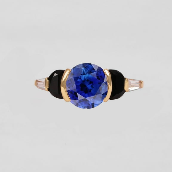 Blue Sapphire, Black Onyx & Tapper Baguette Diamond Ring, Five Gemstone Ring, Half Bazel Set Ring, 925 Starling Silver, Stackable Ring, Gift For Ring