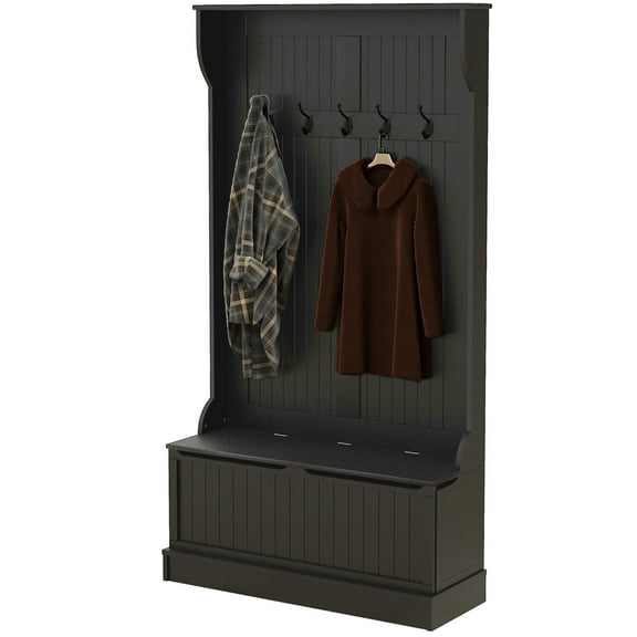 HOMCOM 3-In-1 Hall Tree Storage Bench and Coat Rack with Hooks Black