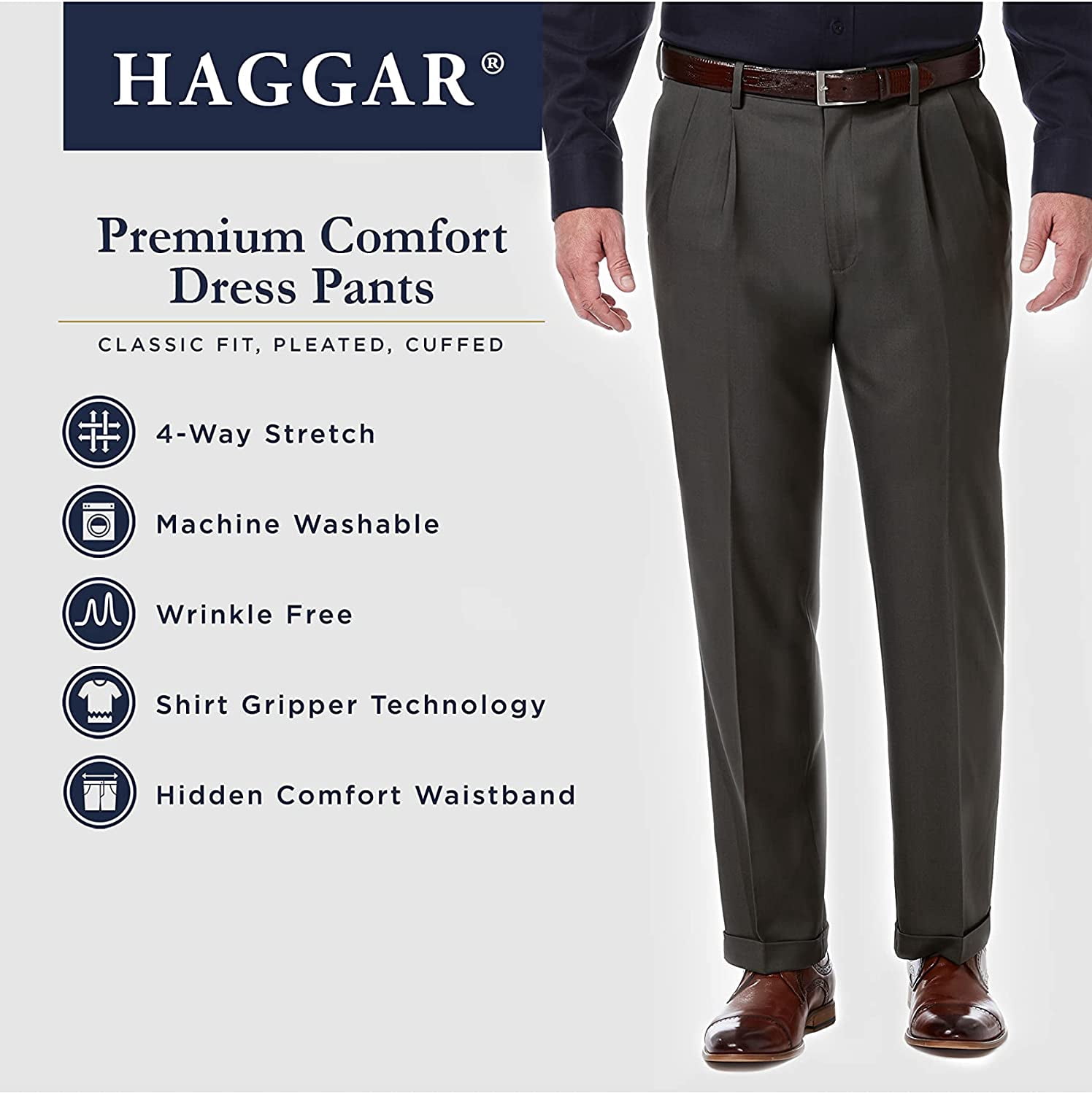 Mens Haggar Premium Comfort Expandable-Waist Classic-Fit Stretch Pleated Dress  Pants Charcoal - Walmart.com