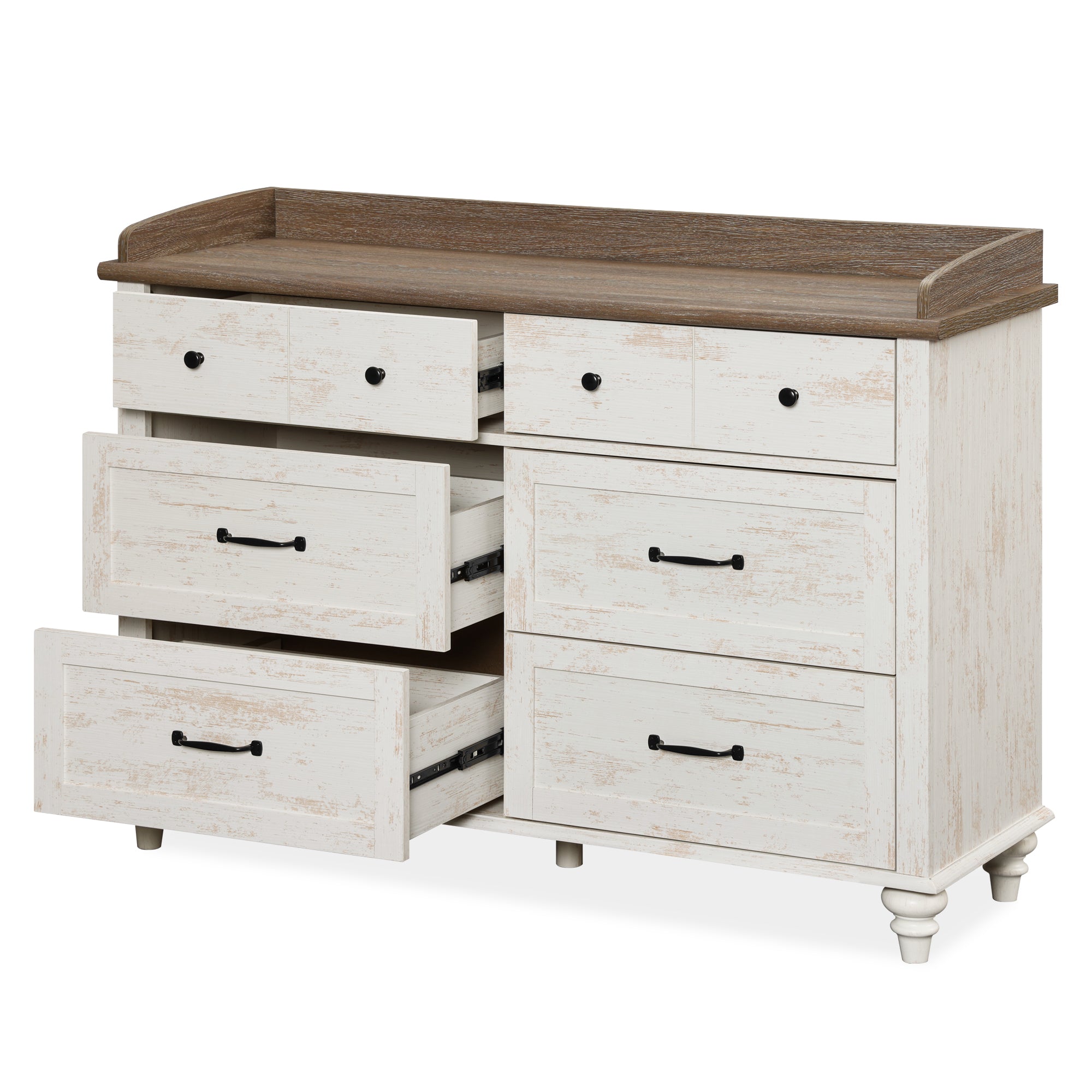 47" Double Dresser with 6 Drawers, Wood Chest of Drawers for Bedroom, Storage Organizer Dresser for Kids, Antique White