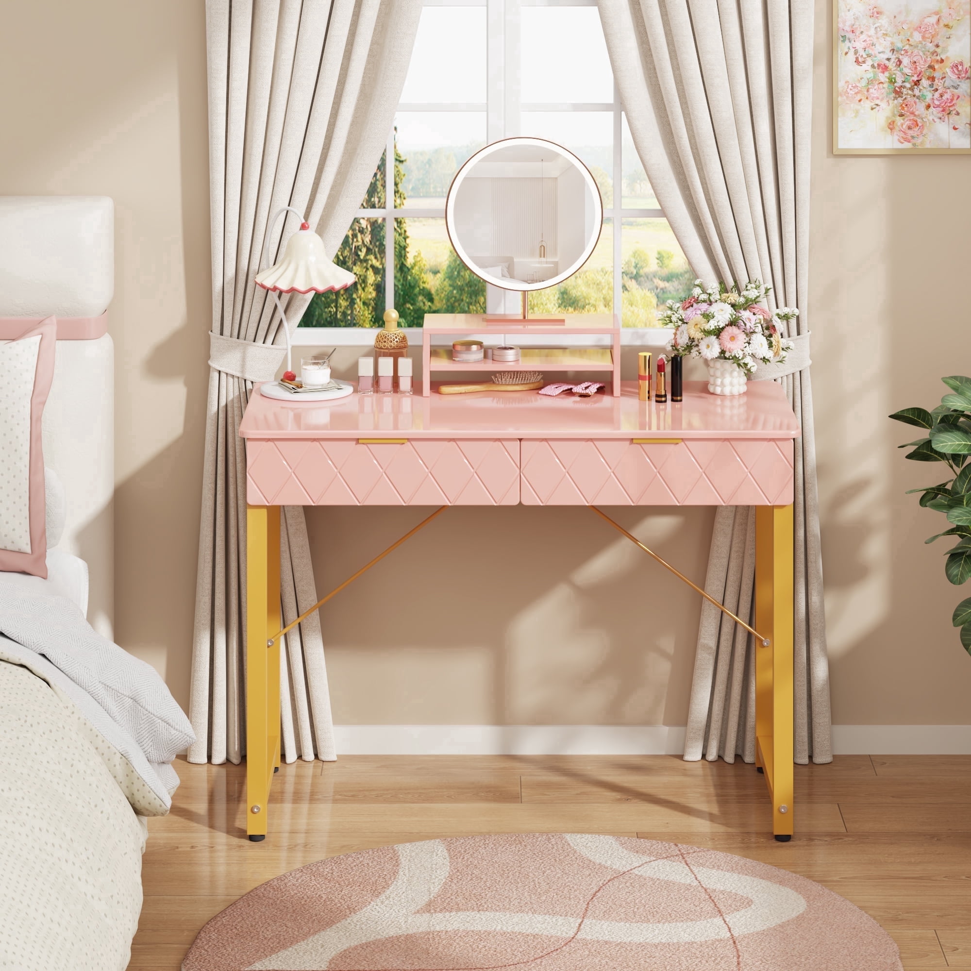 GYIIYUO Pink Modern Writing Desk with 2 Drawers, Office Desk with Glossy Curved Desktop, Computer Desk with Movable Stand for Bedroom Home Office, Pink and Gold