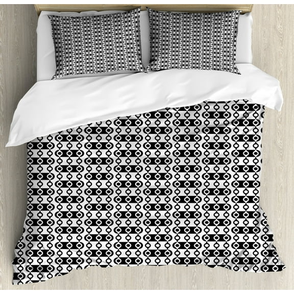 Abstract King Size Duvet Cover Set, Monochrome Stripes Oval Shapes Geometric Illustration Minimalist Modern Art, Decorative 3 Piece Bedding Set with 2 Pillow Shams, Black and White, by Ambesonne