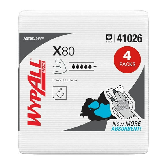 PowerClean X80 Cloths Heavy Duty Wipes (41026), Quarterfold, Extended Use Towels, White (4 Packs of 50 Sheets, 200 Sheet Total)