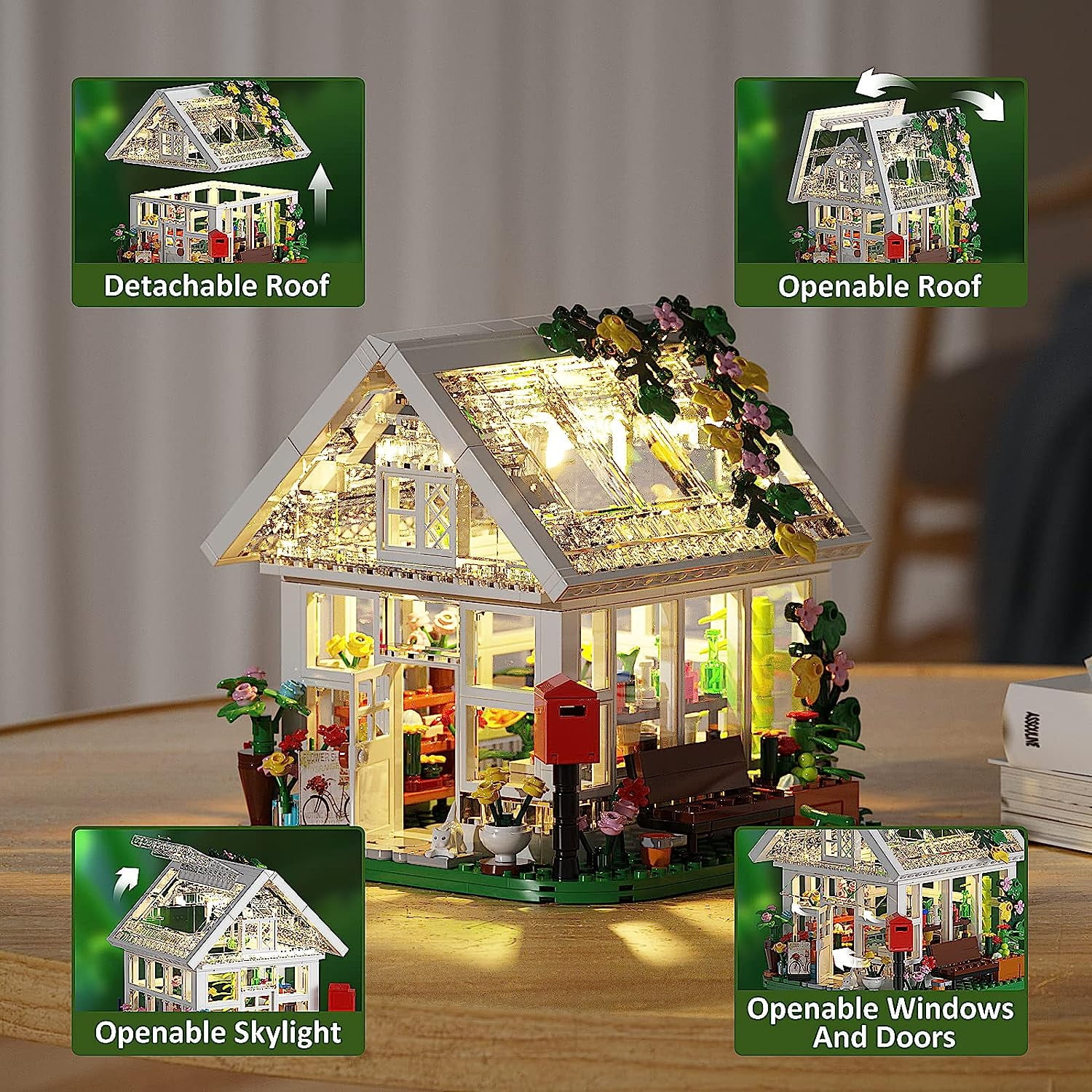 Flower House Building Set Garden House Building Toy with LED Light Build a Greenhouse Model Graduation Gift for Friends Girls (597pcs)