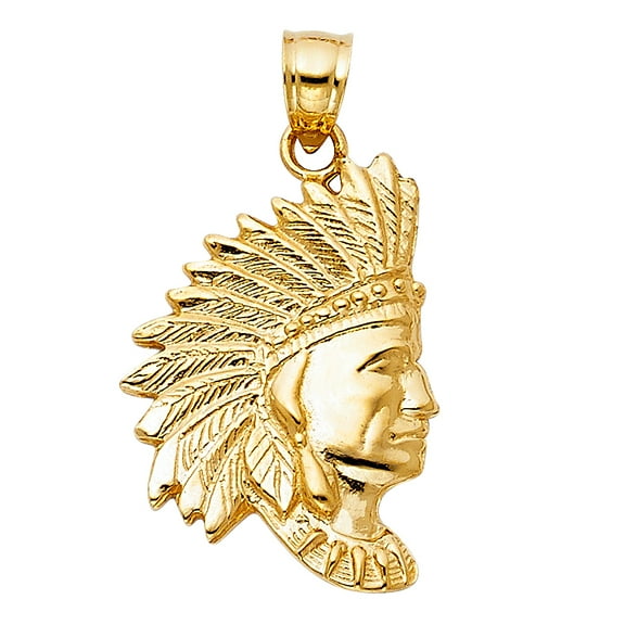 14k Yellow Gold Indian Chief Pendant Head Dress Feathers Charm Jewelry Female Unisex