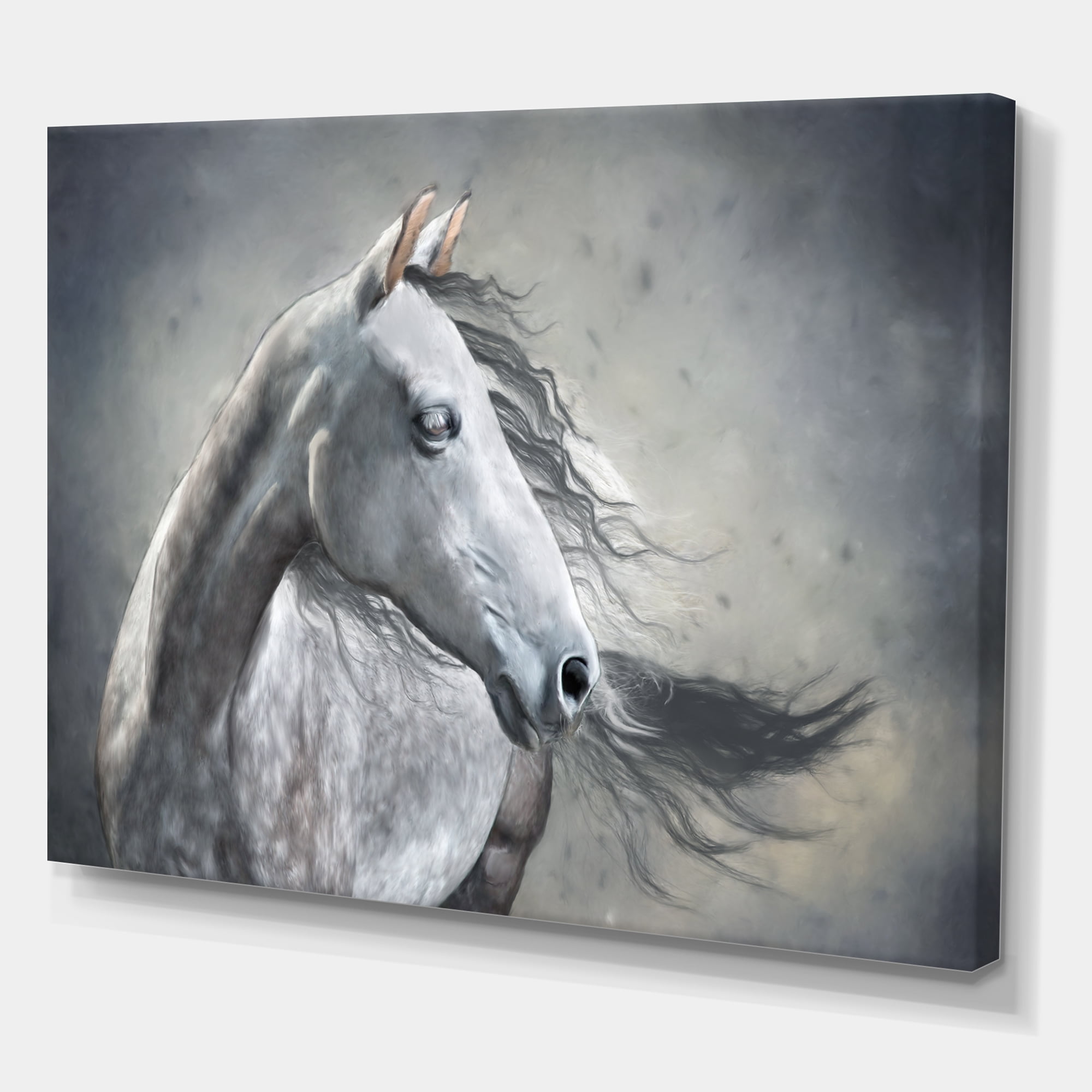 Designart ' Black and White Portrait Of A Wild Horse ' Farmhouse Canvas Wall Art Print