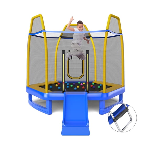 7Ft Kids Trampoline with Enclosure Net, Slide and Ladder, Hexagonal Outdoor Indoor Blue Trampoline with Ocean Balls