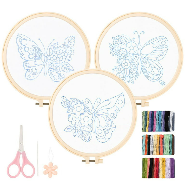 KTHOFCY Embroidery Starter Kit for Beginners, 3 Sets Cross Stitch Kits for  Adults, Include Embroidery Clothes with Cute Floral Animals Patterns 3
