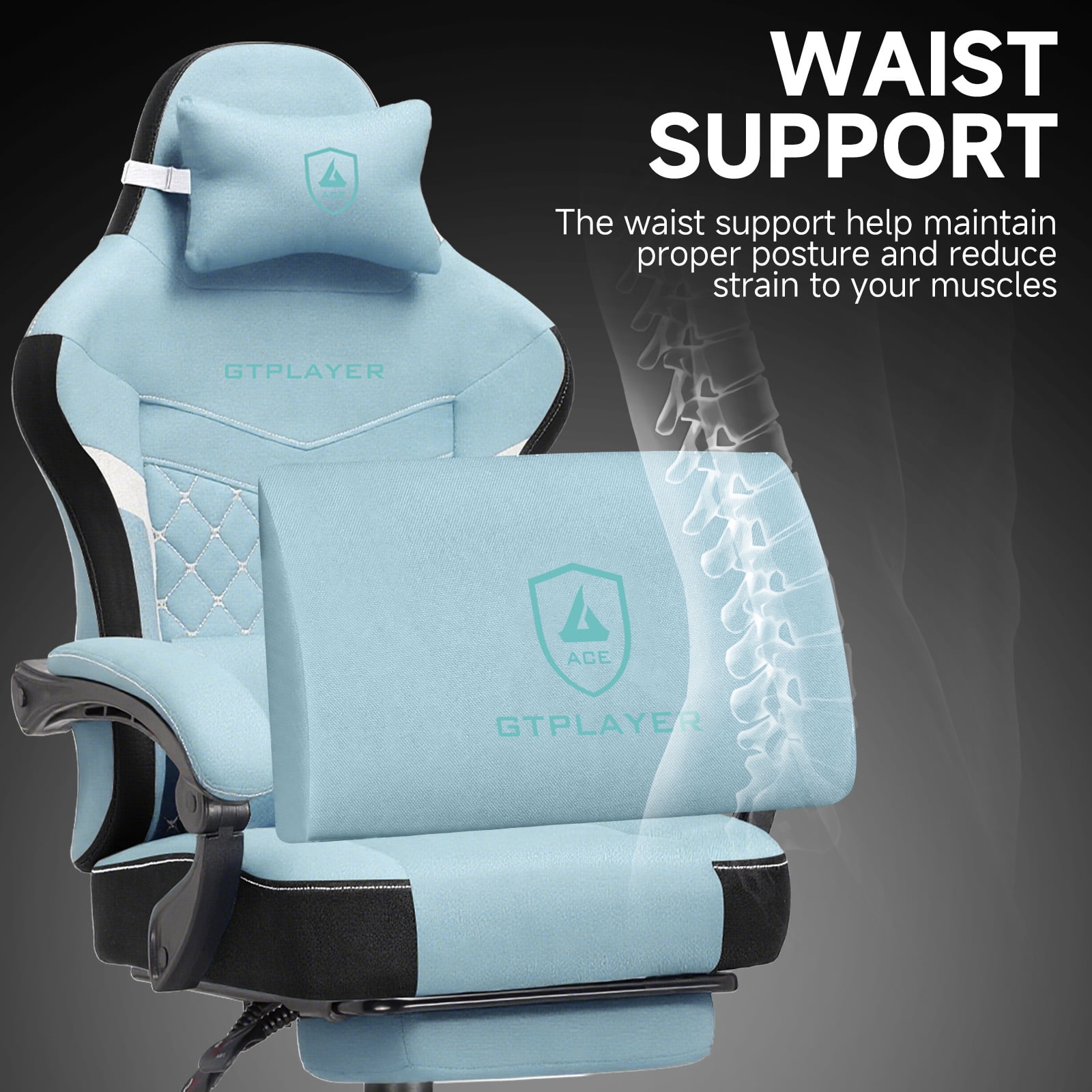 GTPLAYER Gaming Chair, Fabric Ergonomic Office Chair with Footrest and Lumbar Suppor for Adult, Lightblue