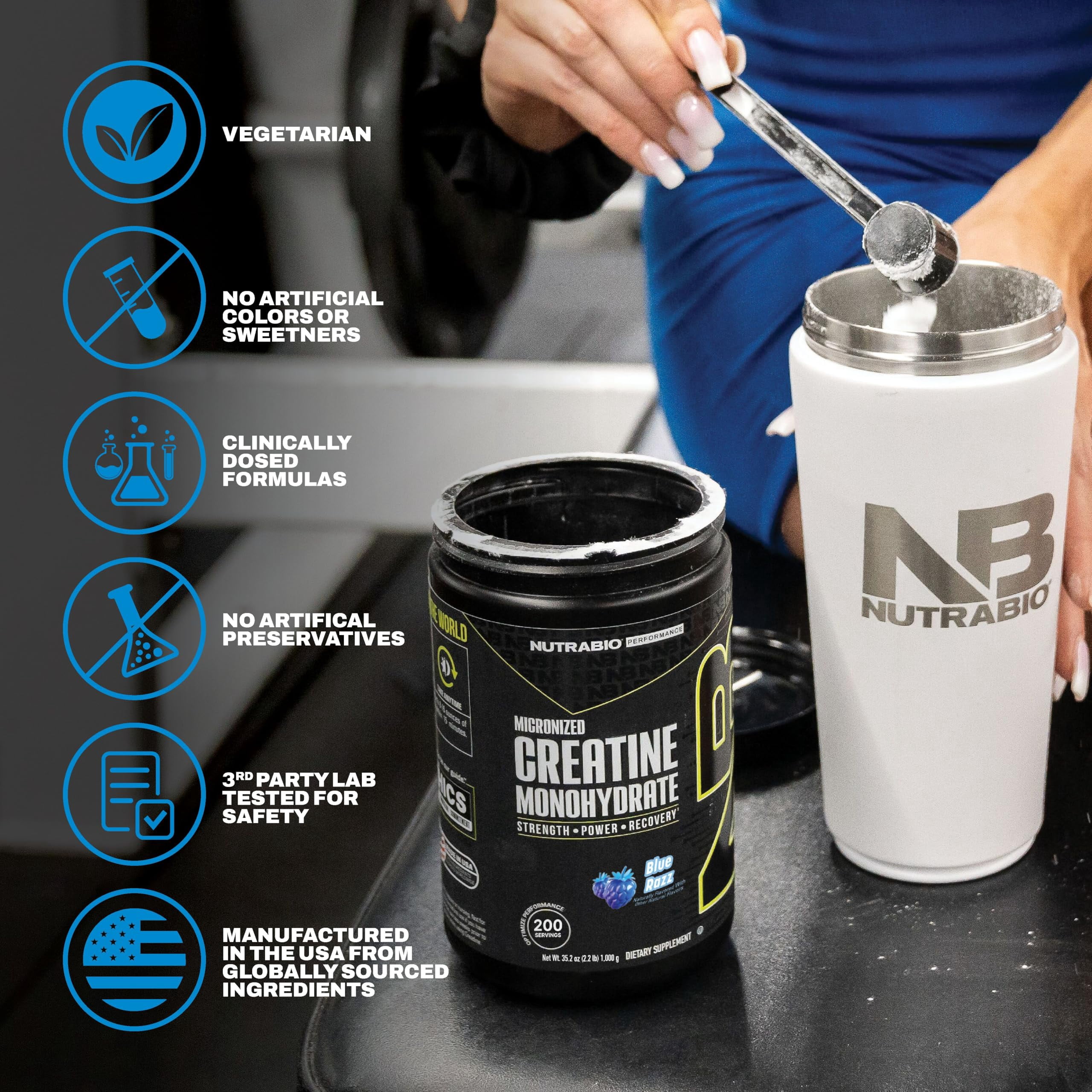 NutraBio Pure Creatine Monohydrate Powder Supplement, Blue Razz, (300 g) - Supports Bulk Muscle Energy, Recovery, and Strength - HPLC Tested Pure Grade Creatine Powder Supplement for Men and Women