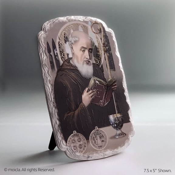 Saint Benedict Resin Plaque – 7.5" x 5" Stand-Alone Catholic Home Decorative Figurine