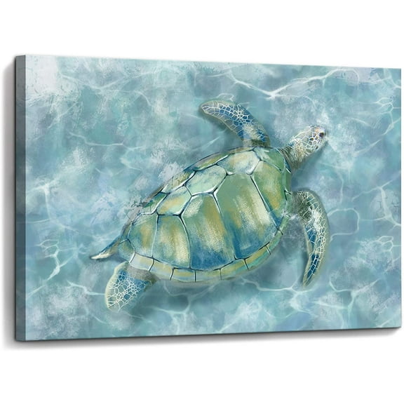 Bathroom Wall Decor Sea Turtle HD Pictures Print on Canvas Wall Art for Bedroom Kitchen Blue Coastal Room Decorations Art Work Green Turtle on Blue 12x16 inches