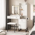 thumbnail image 4 of Makeup Vanity Desk with Lighted Mirror & Power Strip,White Vanity Table Set with Hair Dryer Rack,Hidden Sliding Mirror Bedroom Dressing Table with 3 Drawer and 2 Cabinet,3 Lighting Colors,40.6in(L), 4 of 8